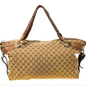 Gucci Beige and Brown Vintage Canvas Bamboo Bar women’s Handbag
